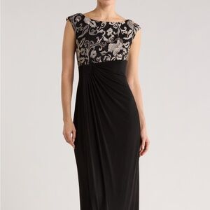 Connected Apparel Petite Black and Gold Faux Wrap Dress